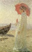 Laurits Tuxen nina, kunstnerens datter, pa stranden oil painting artist